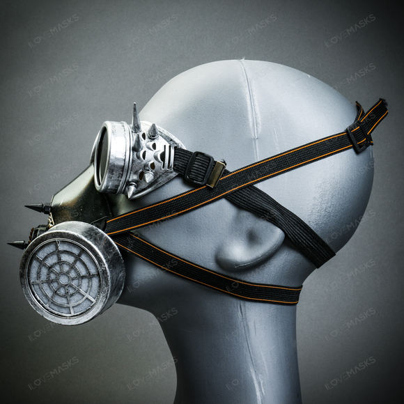 Silver Steampunk Spike Goggle w/ Party Spike Gas Mask Halloween Party Costume - Picture 4 of 8